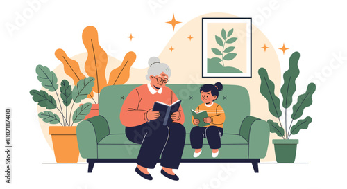 A heartwarming scene depicts a grandmother and granddaughter enjoying a cozy reading session together on a comfortable green sofa, fostering intergenerational connection and literacy.