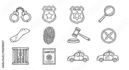 Crime prevention and investigation line art icons set for law enforcement