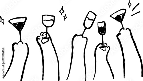 Hand Drawn Cat Holding Champagne, Wine Glass