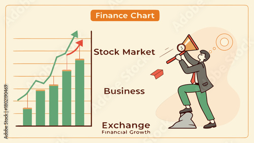 Illustration of a finance chart with upward trending graph and a man with a megaphone on a rock peak
