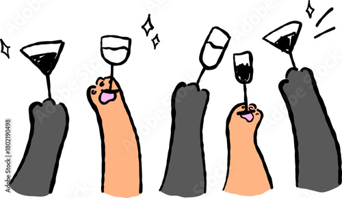 Hand Drawn Cat Holding Champagne, Wine Glass