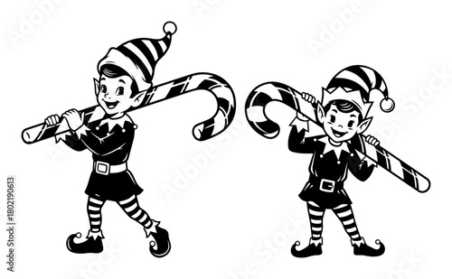 two retro christmas elves carrying a large candy cane vector