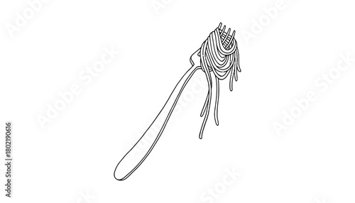 A line drawing of spaghetti wrapped around a fork on white background