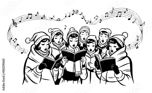 christmas carol singers choir monochrome vector illustration