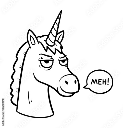 grumpy unicorn saying meh funny cartoon character illustration