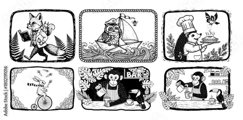 vintage anthropomorphic animal characters set hand drawn vector