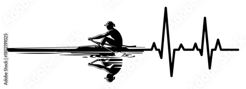 rowing heartbeat line with water reflection silhouette vector