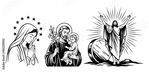 christian religious vector set virgin mary saint joseph jesus
