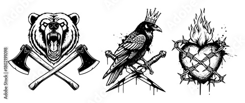 vintage monochrome tattoo set bear raven sacred heart