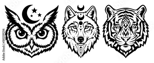 mystical owl wolf and tiger heads celestial totem vector set