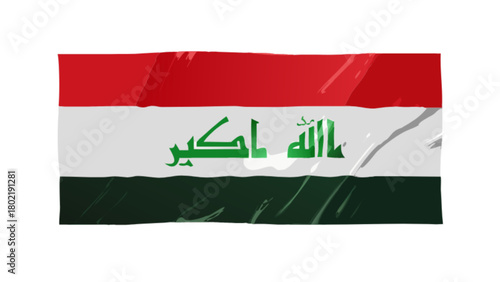Illustration of the iraqi flag with red white and black stripes and green arabic text in the center