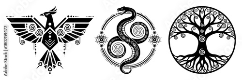mythical symbols set with phoenix snake and tree of life vector