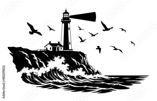 lighthouse on a cliff with ocean waves vector silhouette