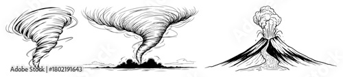 natural disaster set with tornado and volcano eruption sketch