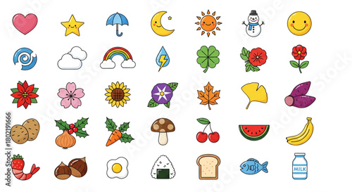 Cute Seasonal Food Weather Nature Icons Set for Web Design App UI Graphics Projects