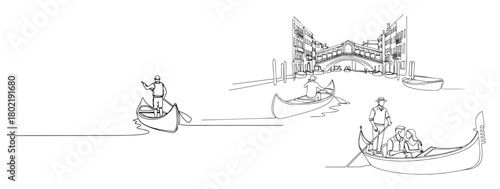 venice grand canal with gondolas continuous one line drawing