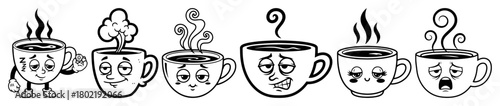retro cartoon coffee cup characters with emotions vector set