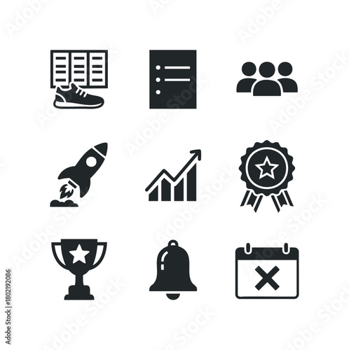 Set of icons representing achievement, progress, and tasks