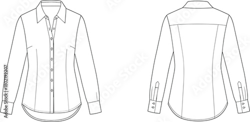 Technical flat sketch of women’s button-up shirt, front and back view, vector fashion illustration, pointed collar, curved hemline, long sleeves, cuffs, seams