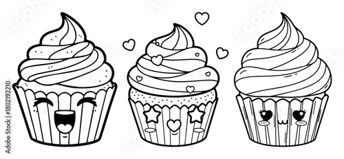 cute kawaii cupcakes cartoon characters set