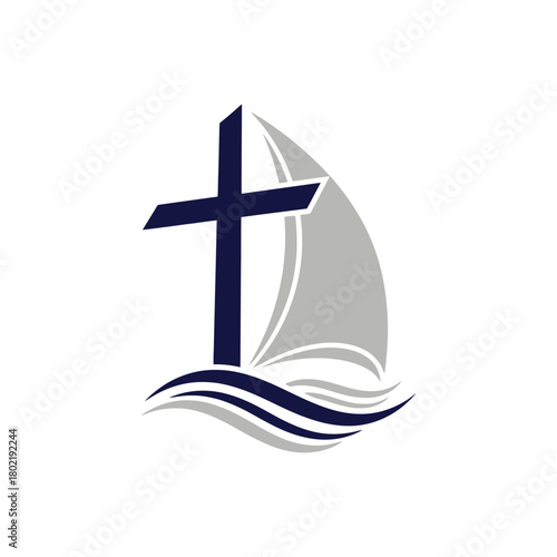 christian cross sail boat on waves vector logo design concept icon illustration.