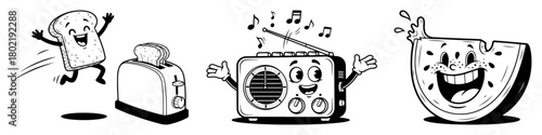 retro cartoon characters set toast radio watermelon