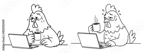 cartoon chicken working on laptop with coffee vector set