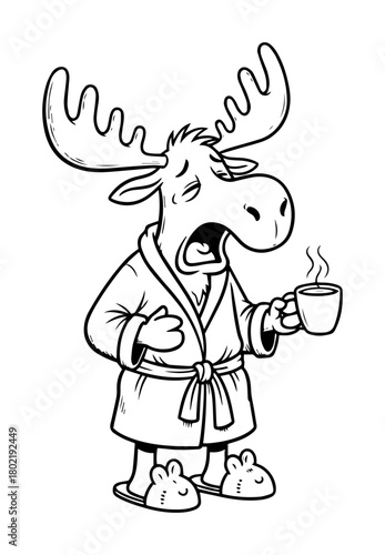 tired cartoon moose with coffee in the morning vector