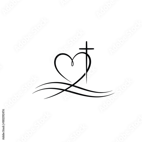 Christian cross heart love line art vector design concept icon illustration.