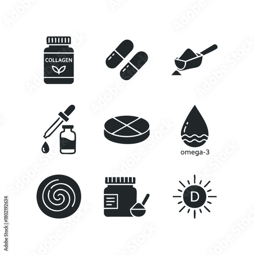 Collection of health supplement icons and symbols