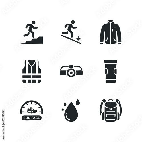 Trail running equipment icons and running figures