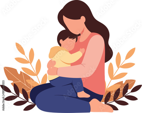 Mother holding her child in a loving embrace surrounded by autumn leaves.