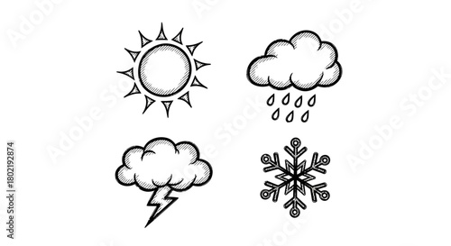 Hand drawn weather icons: sun, cloud, rain, snowflake in sketch style