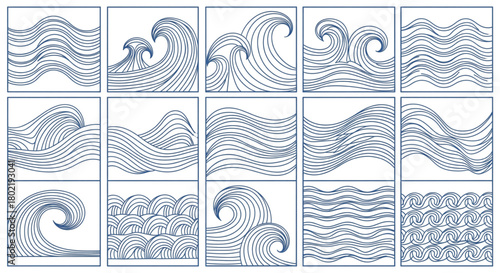 Ocean Wave Line Art Set Dynamic Water Patterns for Nautical Design Sea Backgrounds
