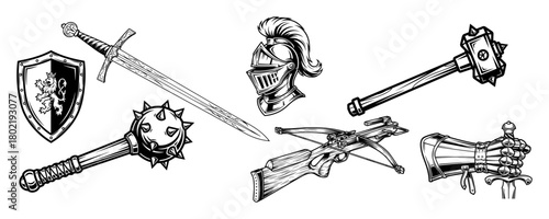 medieval knight weapon and armor set vector