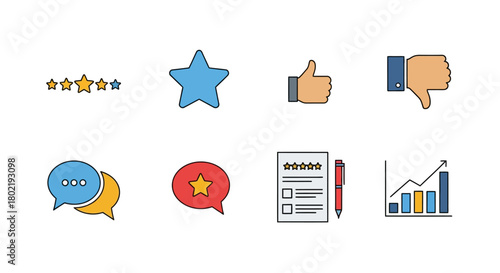 Flat style feedback and rating icons: thumbs up, star, graph, chat bubbles, checklist