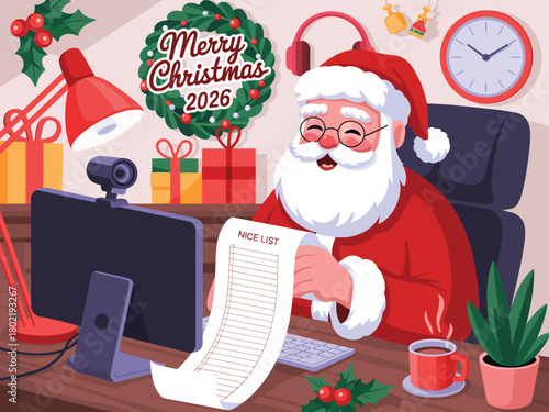 Santa Claus happily works at his computer with a long list of names while wearing a headset, surrounded by Christmas decorations.