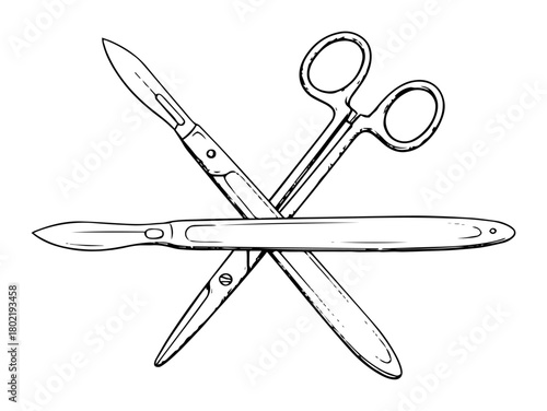 crossed scalpel and scissors surgical instruments sketch