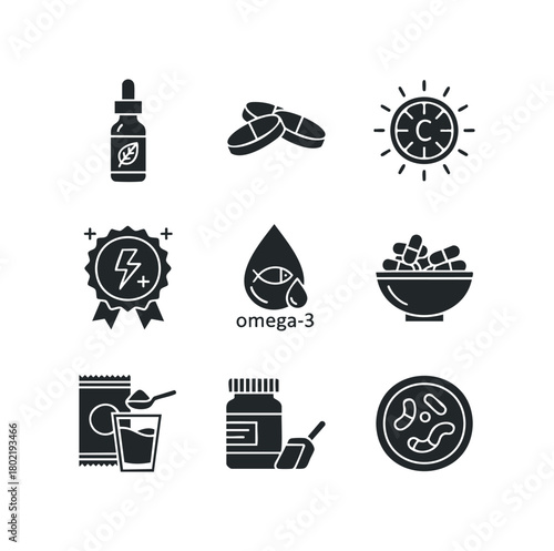 Health supplement icons with dropper bottle and pills