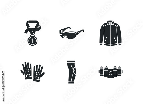Cycling gear and equipment icons with medal