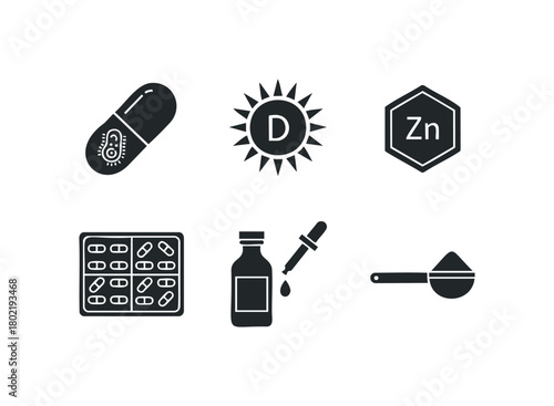 Health supplement icons depicting capsule, D vitamin sun, zinc symbol