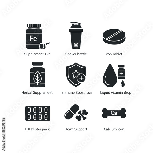 Collection of health supplement and wellness icons