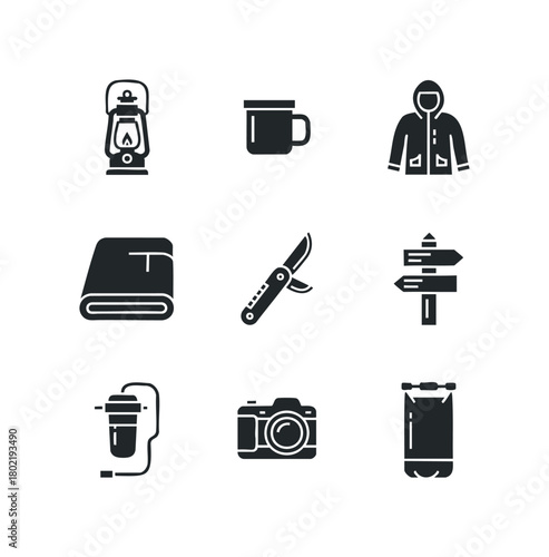 Outdoor adventure gear icons for camping and travel