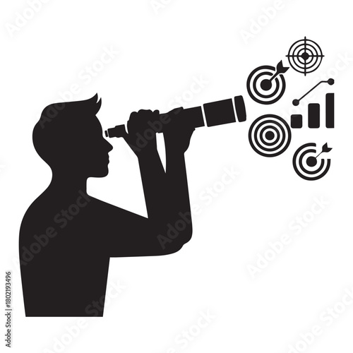 Silhouette of man looking through telescope at targets