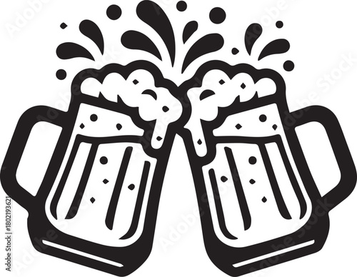 Cheers to Refreshment: Two frosty mugs clink together in a jubilant toast, their overflowing foam a symbol of celebration and convivial gatherings. A perfect representation of the good times.