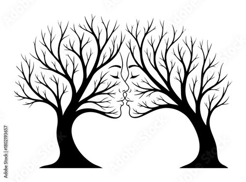 two trees forming kissing faces optical illusion