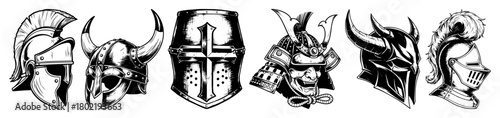 warrior helmets set vector roman viking samurai knight