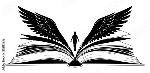open book with wings and human silhouette vector