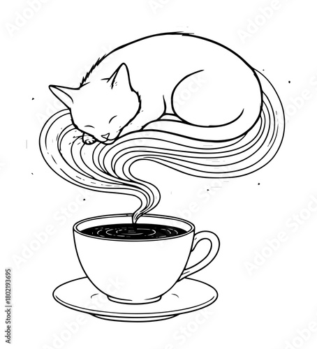 cat sleeping on coffee cup steam surreal illustration