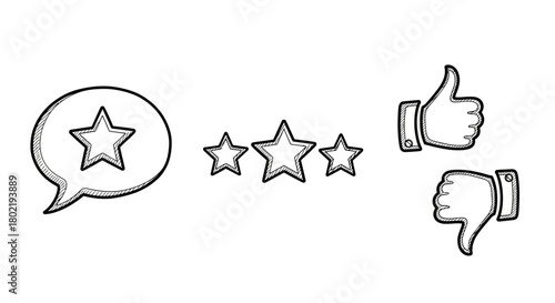 Hand drawn star rating with thumbs up and down symbols